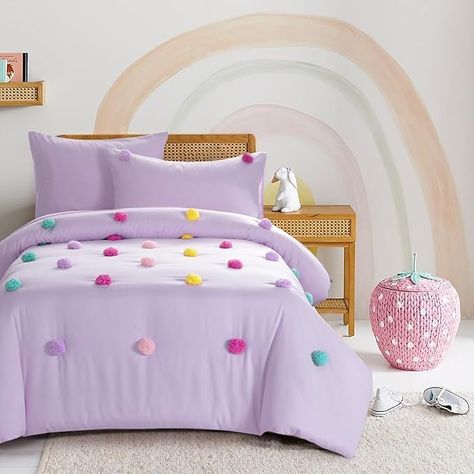 Amazon.com: HOMBYS Pom Poms Bedding Comforter Set for Girls, 5 Piece Purple Boho Kids Comforter Set for All Season，Twin/Twin XL Size : Home & Kitchen Pastel Unicorn Bedroom, Pink And Purple Bedroom Kids, Purple Toddler Room, Pastel Rainbow Bedroom, Pink And Purple Bedroom, Unique Kids Bedrooms, Colorful Kids Bedroom, Rainbow Room Kids, Purple Bedroom Decor