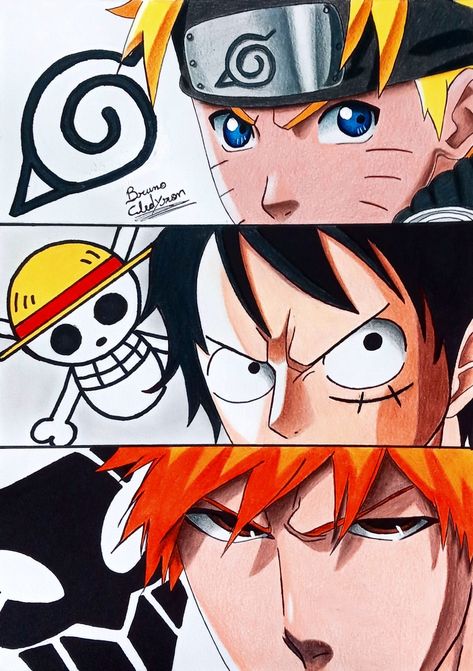 My Drawing 🎨 Naruto Ichigo Luffy Goku, The Big 3 Anime Wallpaper, Naruto Goku Luffy Drawing, The Big 3 Naruto Luffy Ichigo, Big 3 Anime Wallpaper, Ichigo And Naruto, Anime With Color, The Big 3 Anime, Cool Anime Sketches