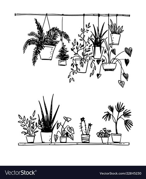 Garden Fencing Ideas, Plants Sketch, Potted House Plants, Plants Drawing, Plant Sketches, Plant Doodle, Garden Tattoos, Art Plants, Garden Tattoo