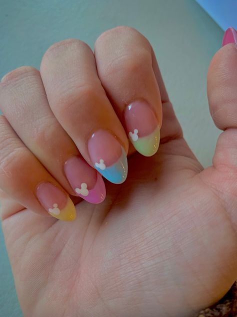 Disney Nails Acrylic Almond Simple, Disney Nail Designs Acrylic Simple, Disney Nails Rainbow, Minnie Nails Simple, Disney Nails Almond Shape Short, Disney World Nails Acrylic Almond, Disney Subtle Nails, Disney Nails Design Simple, Girly Disney Nails