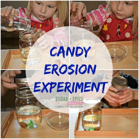 Candy Erosion Experiment on Sugar Spice and Glitter Science Fair Projects For Elementary, Candy Science Experiments, Candy Science, Earth Science Activities, Stem Club, School Science Projects, Experiment For Kids, Weathering And Erosion, Fall Lessons