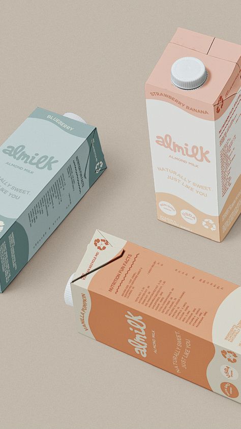 almond milk branding/packaging design by elle suko Milk Carton Design Packaging, Oat Milk Packaging Design, Almond Milk Packaging Design, Dairy Packaging Design, Oat Milk Packaging, Milk Carton Packaging, Milk Carton Design, Almond Milk Brands, Milk Branding