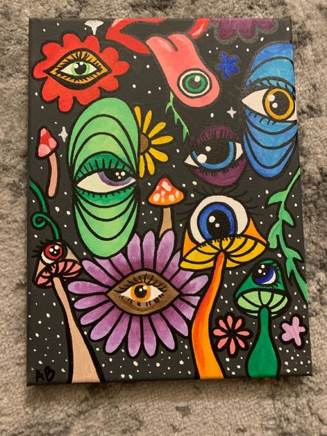 indie artwork by me! trippy eyes mushrooms and flowers. If interested in buying this piece please contact me through my instagram. >>> imxalexis16 Trippy Drawings, Arte Indie, Psychadelic Art, Hippie Painting, Simple Canvas Paintings, Easy Canvas Art, Indie Art, Canvas Painting Designs, Canvas Painting Diy