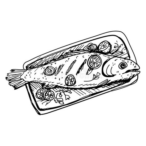 Parsley Illustration, Meat Drawing, Cooked Fish, Plate Drawing, Party Hosting, Lemon Slices, Fish Plate, Hand Drawn Vector Illustrations, Fish Drawings