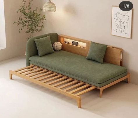 Japanese Sofa Bed, Sofa Bed Ideas Living Room, Living Room Daybed, Japanese Beds, Multi Functional Furniture, Japanese Living Room Ideas, Fabric Sofa Living Room, Wood Sofa Bed, Fold Out Sofa