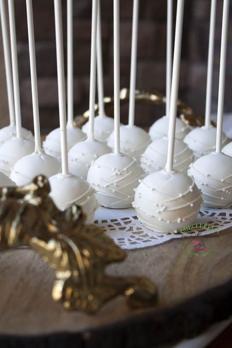 White Theme Dessert Table, Wedding Cake And Cake Pops, Small Wedding Cake With Cake Pops, Cake Balls Display Ideas, Diy Wedding Treats, Sweet Treats Wedding Table, White Bridal Shower Desserts, Cake Pop Dessert Table, Wedding Themed Desserts