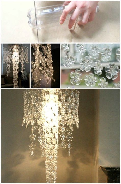 16 Genius DIY Lamps and Chandeliers To Brighten Up Your Home Easy Plastic Bottle Crafts, Diy Luminaire, Bottle Chandelier, Diy Lamps, Reuse Plastic Bottles, Plastic Bottle Art, Diy Lampe, Diy Chandelier, Plastic Bottle Crafts