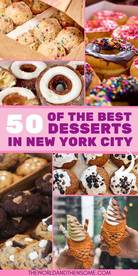 A montage of different desserts in NYC, including cookies, donuts and icecream. Nyc Desserts, Spot Dessert Bar, New York Desserts, Nyc Activities, Cookies Nyc, Nyc Cookies, Nyc Tips, Nyc Ice Cream, Nyc Cake