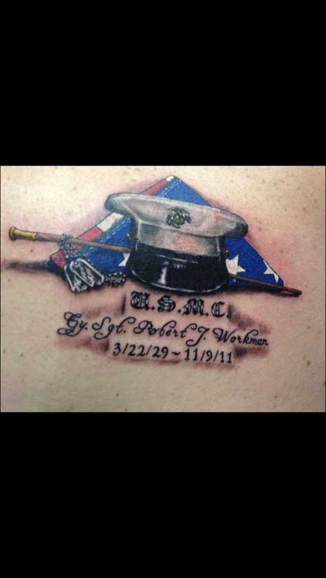 Marine tattoo                                                       … Usmc Flag Tattoo, Usmc Memorial Tattoo, Marine Memorial Tattoo, Marine Corp Tattoo, Military Wife Tattoos, Military Tattoo Ideas, Luv Tattoo, Tom Tattoo, Marine Tattoos