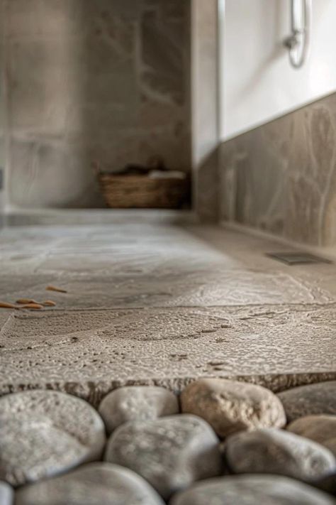 How To Clean A Stone Shower Floor: Natural Stone Care Natural Stone Showers Walk In, Limestone Shower Floor, Natural Stone Flooring Bathroom, Natural Stone Bathroom Floor, Natural Stone Tile Bathroom, Stone Shower Floor, Stone Floor Bathroom, Pebble Shower Floor, Tile Floor Cleaner