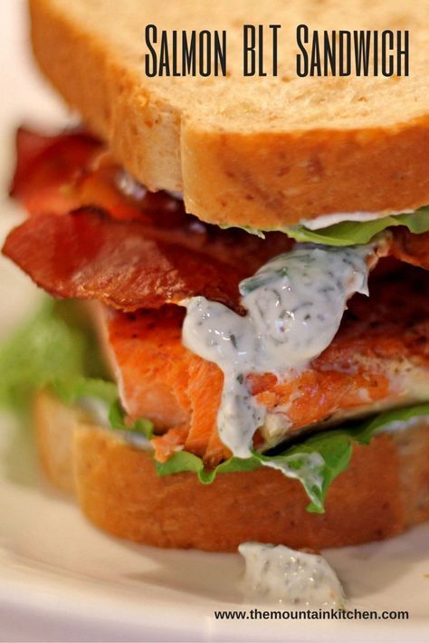 Salmon Blt Sandwich, Salmon Sandwich Recipes, Salmon Blt, Blt Sandwich Recipes, Blt Sandwiches, Classic Blt Sandwich, Yogurt Dill Sauce, Blt Wraps, Honey Wheat Bread