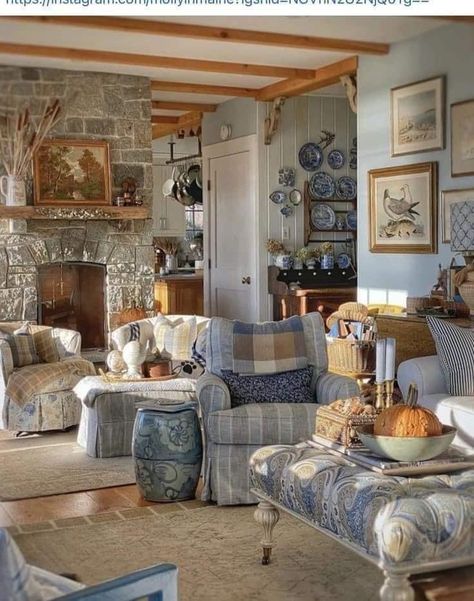 Country Blue Living Room Farmhouse, Comfy Cottage Living Room, Cottage Family Room Ideas, Vintage English Cottage Interiors, Woodstove Surrounds, Rustic Cottage Living Room, Patterned Couch, Maine Cottage Interiors, English Cottage Living Room