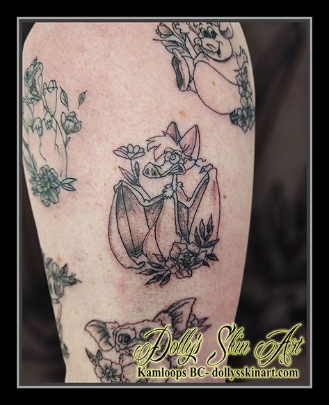 FernGully's Batty for Shannon - Dolly's Skin Art Tattoo Kamloops BC Batty Ferngully Tattoo, Koda Tattoo, Batty Ferngully, Ferngully Tattoo, Batty Koda, Kamloops Bc, William Black, Tattoo Aftercare, Line Work