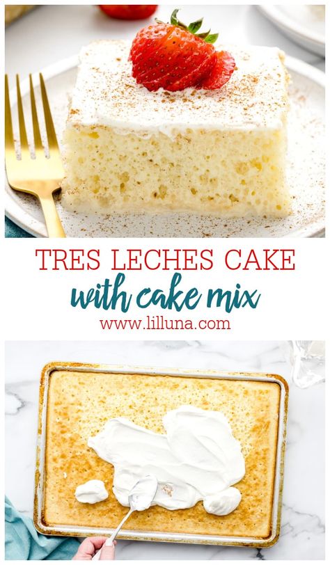 Tres Leches Cake with Cake Mix uses a tasty shortcut to create one delicious, chilled dessert. It's heaven! #treslechescake #cake #tresleches #dessert Quick Tres Leches Cake, Tres Leches Cake With Box Cake, Tres Leches Desserts, Tre Leche Cake Recipes, Easy Tres Leches Cake With Box Cake, Tres Leches Poke Cake, Cashew Desserts, Tres Leches Cake Recipe With Box Cake, Cake Mix Uses