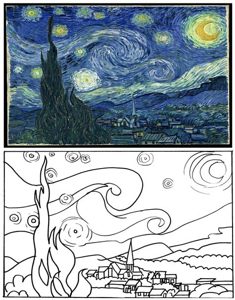 Starry Night Coloring Page, Night Coloring Pages, Lukisan Van Gogh, Desenhos Van Gogh, Starry Night Art, Seni Pastel, Starry Night Painting, Arte Van Gogh, Famous Paintings