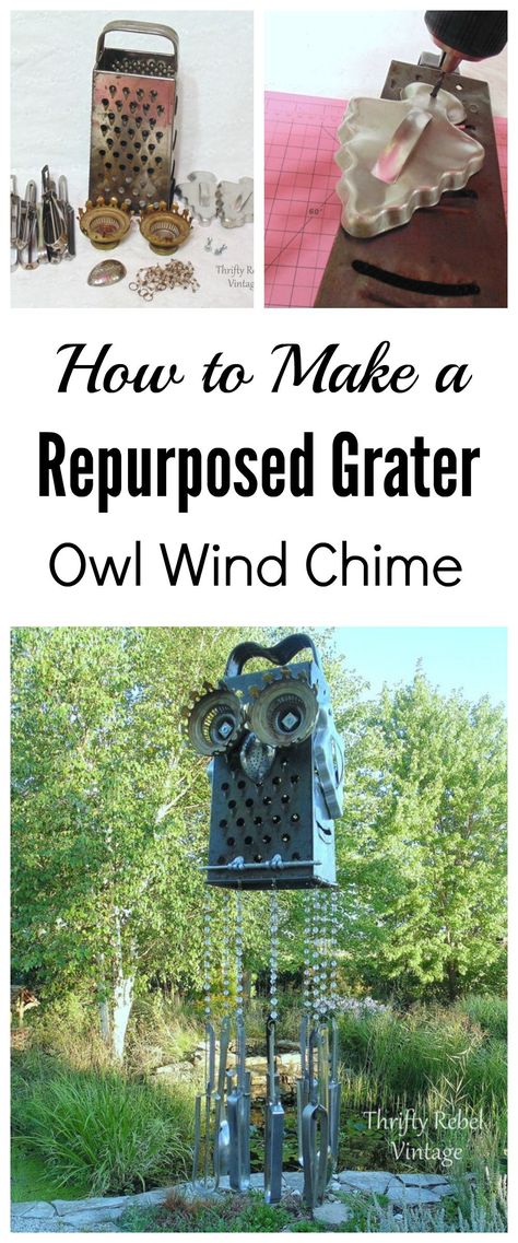 Make a fun and funky owl wind chime using inexpensive thrifted items... a cheese grater, bits of junk, and veggie peelers. Garden Art From Junk, Repurposed Junk, Hanging Crafts, Diy Blanket Ladder, Whimsical Owl, Diy Wind Chimes, Fall Door Decorations, Owl Crafts, Cheese Grater