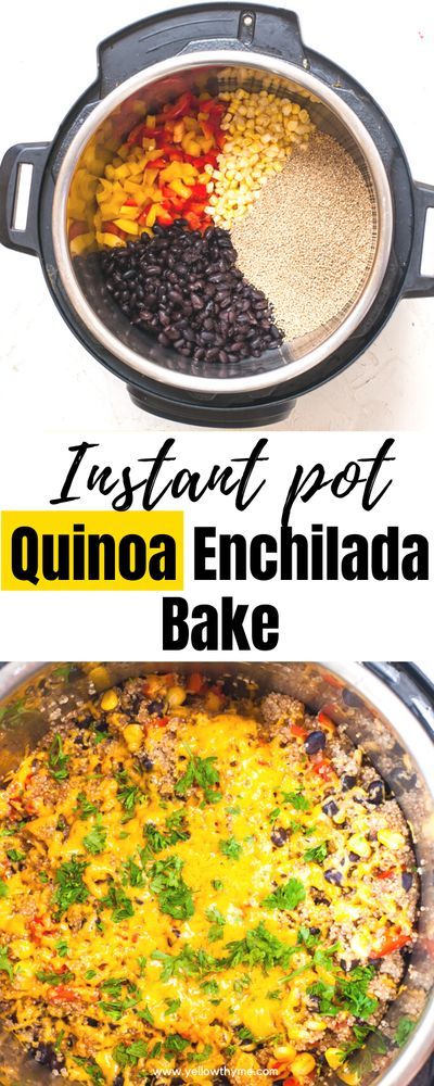 A wholesome Quinoa and Bean Bake with Corn, bell peppers and Enchilada Sauce. Easy Vegetarian lunch recipe that is equal parts delicious and healthy! If you were looking for a Mexican quinoa recipe that would come together within 15 minutes then you have just found it! This Instant Pot Quinoa Burrito Bowl can be topped with cheese to make it more scrumptious or you can use nutritional yeast to make it a vegan dish. Quinoa Burrito Bowl, Instant Pot Quinoa Recipes, Quinoa Enchilada Bake, Quinoa Enchilada, Quinoa Burrito, Bean Bake, Enchilada Sauce Easy, Instant Pot Mexican, Instant Pot Quinoa