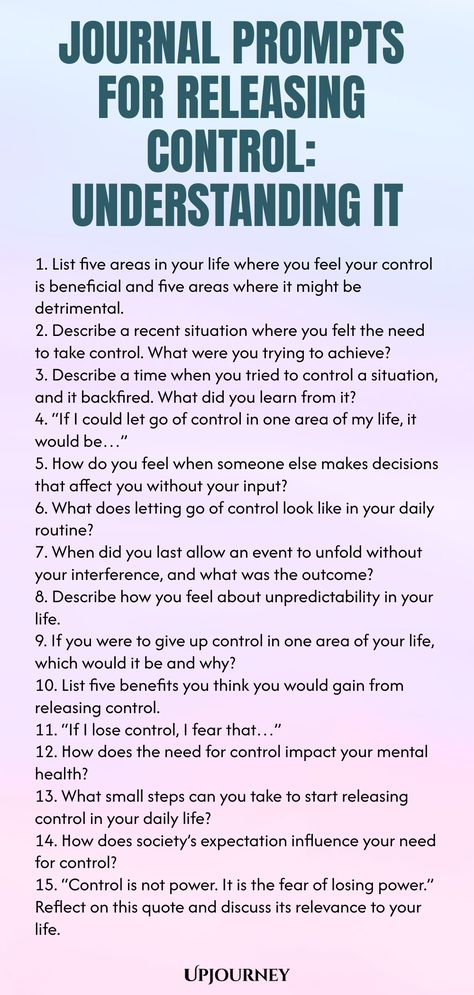 Discover powerful journal prompts to help you explore and release control in your life. Dive deep into understanding the patterns and reasons behind your need for control. Embrace self-reflection and gain insight through these thought-provoking prompts. Start your journey towards greater self-awareness today with these transformative journal prompts! Closure Journal Prompts, Self Awareness Prompts, Need For Control, Journal Prompts For Vulnerability, Detachment Journal Prompts, Deep Journal Prompts Thoughts, Letting Go Journal Prompts, Self Awareness Journal Prompts, Wellness Wishlist