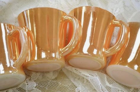 Fire King Peach Luster Ware - Anchor Hocking Glassware Fire King Dishes, Vintage Dishware, Vintage Coffee Cups, Peach Lustre, Antique Dishes, Good Coffee, Vintage Fire King, Vintage Dinnerware, Vintage Memory