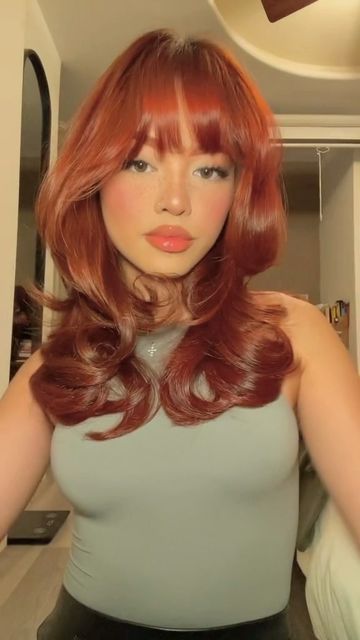 Copper Brown Hair With Bangs, Pamela Rose, Poppy Red Hair, Pamela Rose Hair, Short Hair Colors, Red Hair With Bangs, Ribbon Hairstyle, Red Hair Inspo, Ginger Hair Color