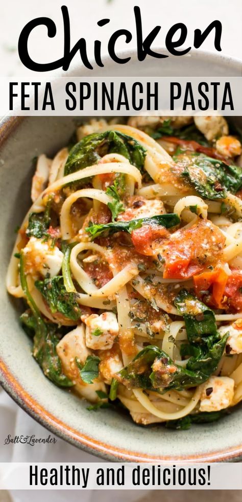 Feta Spinach Pasta, Feta Pasta Recipes, Feta Pasta Bake, Spinach Pasta Recipe, Chicken Feta, Spinach Pasta Recipes, Mediterranean Recipes Healthy, Healthy Pasta Dishes, Chicken Pasta Dishes