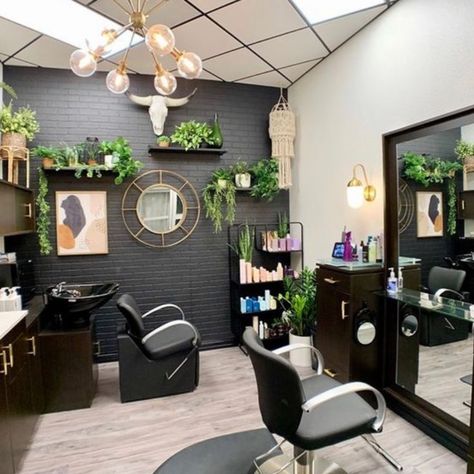 Salon Office Ideas Interior Design, Black And Silver Salon Decor, Loc Salon Ideas, Decorate Salon Suite, Black White And Green Salon Decor, Sage Salon Decor, Small Salon Space Decor, Salon Suite Wallpaper Ideas, Minimalist Beauty Salon Decor