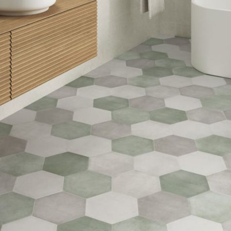 Introducing our new, plain matt hexagon, porcelain wall, and floor tiles. An ultra-modern hexagon shape with 4 contemporary colours to choose from. These tiles work perfectly in bathrooms, kitchens, hallways, and even patio areas. Mix these tiles with their patterned counterpart Capri Hexagon Tiles. Floor Tiles Bathroom Pattern, Bathrooms With Hexagon Tile, Hexagon Floor Pattern, Pattern Tile Floor Bathroom, Small Kitchen Floor Tiles, Hexagon Kitchen Floor Tile, Colorful Floor Tile, Bathroom Hexagon Tile Floor, Hexagon Kitchen Floor