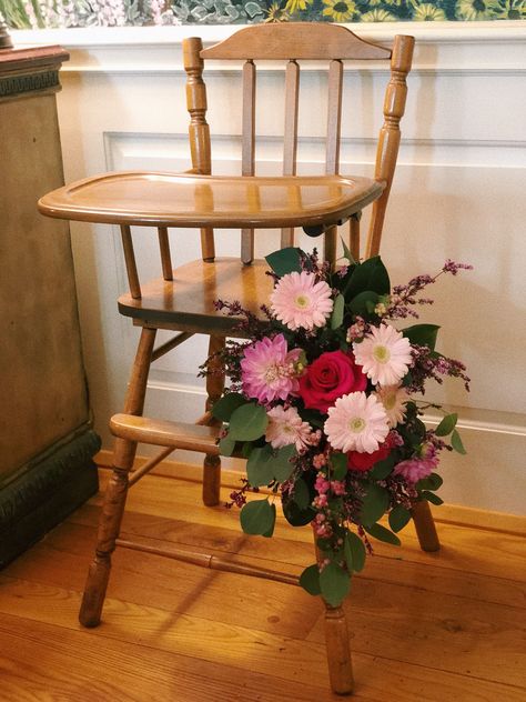 Pretty in Pink: 1st Birthday Party in October Wildflower High Chair Decor, Antique Party Decorations, Vintage First Birthday Girl, Pink 1st Birthday Party, Baby Birthday Pictures, Vintage First Birthday, Pink 1st Birthday, High Chair Decorations, Vintage High Chairs