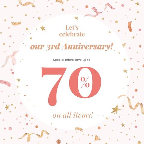 Free PSD | Anniversary sale template psd with 70% off for social media post Anniversary Sale Poster, Party Banner Template, Autumn Confetti, Anniversary Poster, Sale Template, Confetti Background, Party Streamers, Party Poppers, Happy Birthday Celebration