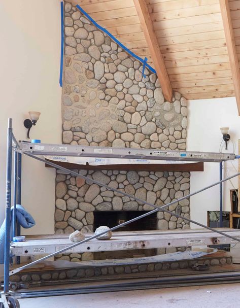 Update A River Rock Fireplace, Refinishing Rock Fireplace, German Smear River Rock Fireplace, German Smear Rock Exterior, Plastering Over Stone Fireplace, Reface Rock Fireplace, German Schmear River Rock Fireplace, Paint River Rock Fireplace, Plaster Over Rock Fireplace