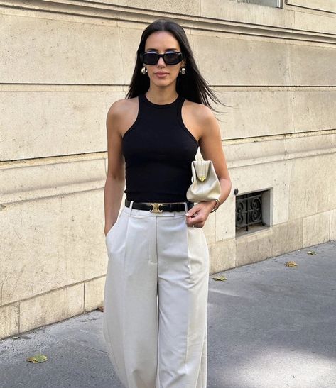 Black Tank Top Outfit Summer, High Waisted Pants With Belt, Black Tank Top Outfit, Cream Pants Outfit, Tailored Pants Outfit, Black Tank Tops Outfit, Beige Pants Outfit, Belt Outfit, High Waisted Pants Outfit