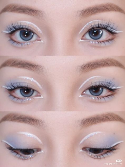 Eye Looks Without Eyeliner, Light Blue Douyin Makeup, Ganyu Makeup, Eye Makeup With White Eyeliner, Blue Makeup Looks Simple, Kokomi Makeup, Soft Blue Eye Makeup, Frozen Makeup Look, Makeup With White Eyeliner