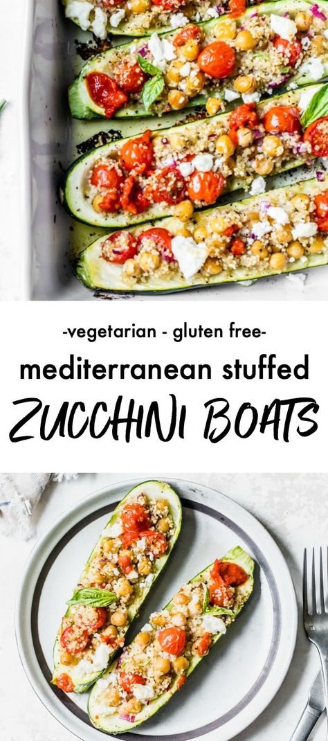 Stuffed zucchini boats filled with quinoa, tomatoes, feta cheese #glutenfree #vegetarian #mediterraneandiet Chickpea Gyros, Gyros Recipe, Zucchini Stuffed, Roasted Chickpea, Stuffed Zucchini Boats, Mediterranean Diet Recipes Dinners, Easy Mediterranean Diet Recipes, Stuffed Zucchini, Zucchini Boats