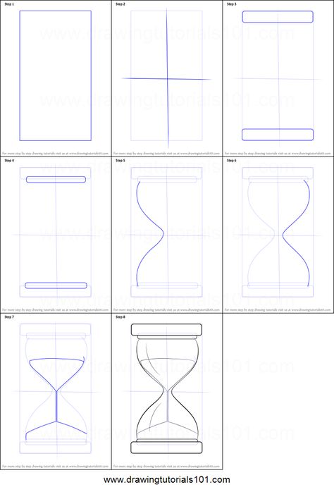 How to Draw an Hourglass printable step by step drawing sheet : DrawingTutorials101.com How To Draw A Clock Step By Step, Hourglass Design Drawing, Time Glass Drawing, Hour Glass Drawing Easy, Sand Timer Drawing, Hour Glass Sketch, Time Art Clock, Clock Drawing Simple, Hourglass Sketch