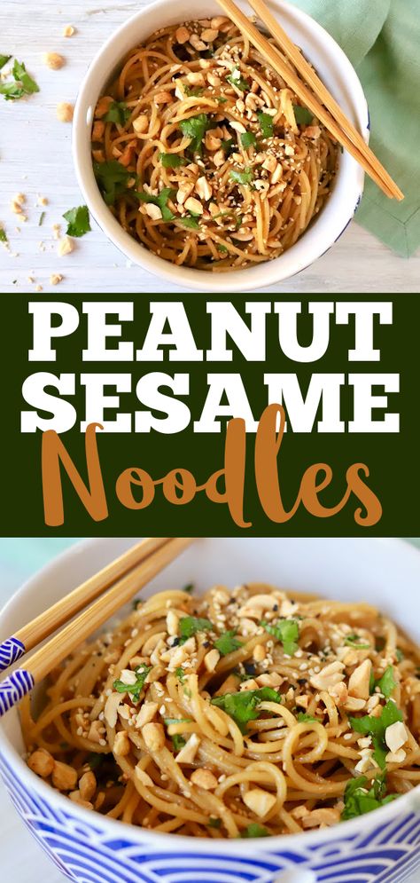 Super Easy Peanut Sesame Noodles - Slice of Jess Sesame Peanut Noodles Recipe, Sesame Noodle Bowl, Peanut Garlic Noodles, Quick Peanut Noodles, Cold Peanut Sesame Noodles, Cold Peanut Noodles Recipe, Peanut Butter Glass Noodles, Chinese Peanut Noodles, Creamy Sesame Noodles