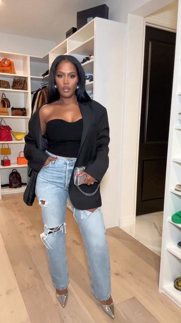 Black Top With Jeans Outfit Heels, Black Blazer Outfit Black Women, Jean With Blazer Outfit, Blazer And Jeans Outfit Women Night Out, Black Women Blazer Outfit, Casual Heels With Jeans, Jeans And Heels Outfit Black Women, Shayla Outfits, Boyfriend Jeans Outfit Black Women