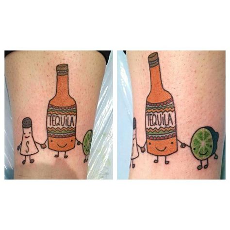 Martini Glass Tattoo: 27 Coolest Tattoo Ideas for Drinkers - Supercall Matching Tattoos Funny Friends, 3 Person Tattoo Friends, Tequila Shot Tattoo, Drinking Tattoos, Tequila Tattoo, Taco Tattoos, Trio Tattoos, Chef Tattoo, Bestie Tattoo