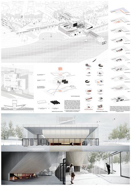 Theater as an cultural centre for Trenčín city. Concept Board Architecture, Digital Architecture, Architecture Design Presentation, Architecture Drawing Presentation, Architecture Portfolio Layout, Architectural Renderings, Presentation Board Design, Architecture School, Urban Design Architecture