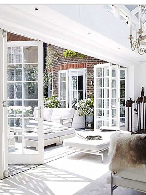 ❤️❤️❤️ Bifold Exterior Doors, Bifold Doors Onto Patio, White Bifold Doors, Bifold French Doors, Folding French Doors, White French Doors, Three Birds Renovations, French Doors Exterior, House Extension Design