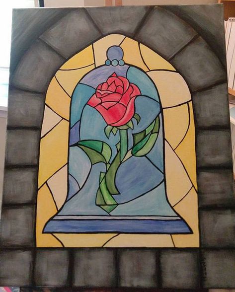 Glass Acrylic Painting, Flowers Mandala, Disney Canvas Art, Stained Glass Rose, Disney Canvas, Acrylic Painting Flowers, Drawing Flowers, Enchanted Rose, Rose Drawing