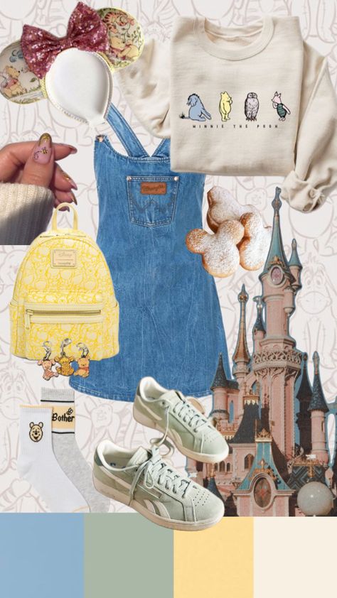 STAUD, Wrangler denim, overall dress, Winnie the Pooh sweatshirt, sneakers, reebok, sage green sneakers, loungefly backpack, Winnie the Pooh backpack, Tigger charm, Winnie the Pooh charm, Piglet charm, Disney ears, Mickey ears, Winnie the Pooh Disney ears, Disney nails, Disney aesthetic Winnie The Pooh Outfit, Winnie The Pooh Themes, Disney Outfit, Themed Outfits, Disney Outfits, Winnie The Pooh, Collage, Disney, Closet