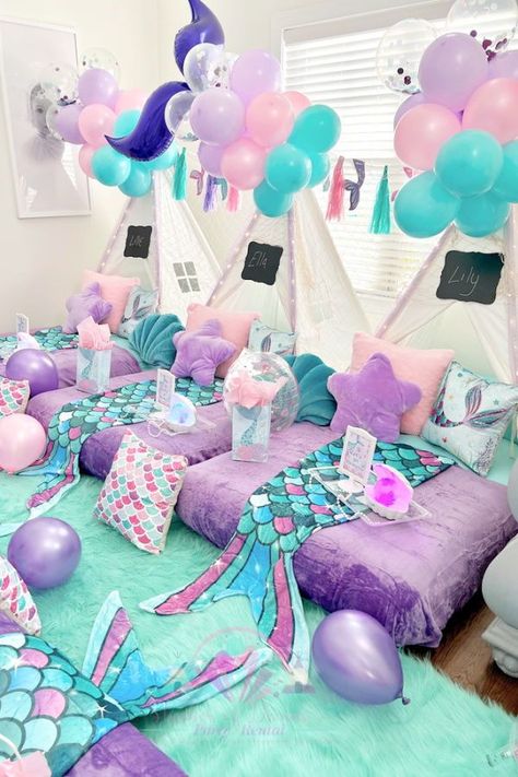 Feast your eyes on this gorgeous mermaid sleepover! Love the party decorations! See more party ideas and share yours at CatchMyParty.com Undersea Decorations, Adult Slumber Party, Mermaid Party Printables, Mermaid Party Games, Mermaid Party Food, Mermaid Birthday Party Ideas, Mermaid Party Invitations, Mermaid Pool Parties, Sea Party Ideas