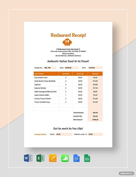 Simple Restaurant Receipt Template Restaurant Receipt, Free Receipt Template, Simple Restaurant, Money Template, Athlete Quotes, Bill Template, Receipt Template, Restaurant Management, Italian Recipes Authentic