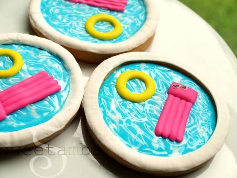 Pool Cookies, Pool Party Cookies, Pool Cupcakes, Summer Sugar Cookies, Pool Party Cakes, Pool Cake, Beach Cookies, Party Cookies, Fondant Cupcake Toppers