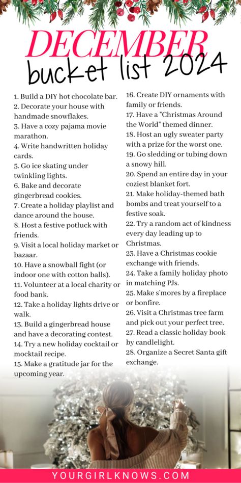 40 Dreamy December Bucket List Ideas to End the Year Right (Fun Guaranteed!) December List Of Things To Do, December Checklist Ideas, December Bucket List Ideas, 25 Days Of Christmas Ideas For Couples, Christmas Bucket List Aesthetic, Christmas Bucket List For Couples, Holidays Bucket List, Christmas Bucket Lists, December To Do List