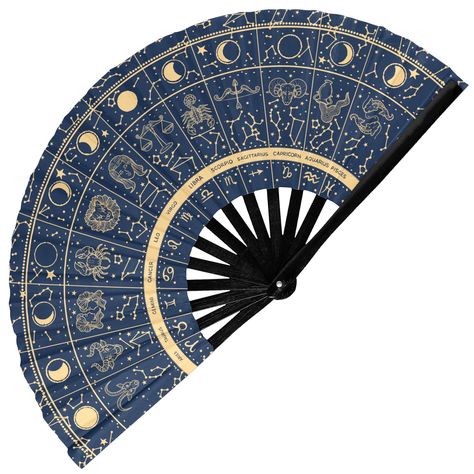 PRICES MAY VARY. CELESTIAL ZODIAC DESIGN: Add cosmic flair to your ensemble with our GloFX Rave Fan featuring intricate designs of the zodiac signs. Whether you're showcasing your astrological identity or simply admiring the stars, this fan is a captivating accessory for festival outfits, EDM raves, and cosmic-themed events. PREMIUM QUALITY CRAFTSMANSHIP: Crafted with durable bamboo ribs and Oxford fabric, our large folding hand fan ensures durability and longevity. Its sturdy construction makes Celestial Christmas Decor, Celestial Centerpieces, Celestial Wedding Centerpieces, Celestial Theme Party, Festival Outfits Edm, Astrology Wedding, Moon Wedding Theme, Rave Wedding, Celestial Home Decor