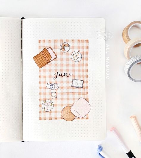 June Bullet Journal Cover, June Cover Page, Bullet Journal Month, Bullet Journal Page, Book Reading Journal, Bullet Journal 2019, Bullet Journal Cover Page, Creating A Bullet Journal, Picnic Aesthetic