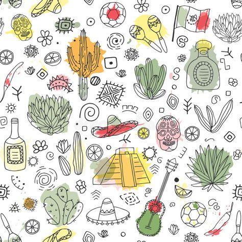 Doodles seamless pattern of Mexico with imitation watercolor. vector illustration Mexican Doodles, Mexico Watercolor, Mexican Pattern, Watercolor Vector, Bullet Journal Font, Journal Fonts, Food Collection, Notes Journal, Drawing Clipart