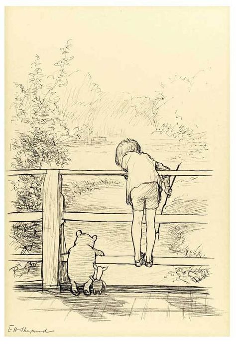 "Poohsticks Bridge" by E.H. Shepard Pooh Illustration, Eh Shepard, Winnie The Pooh Drawing, Illustration Reference, Hundred Acre Woods, Winnie The Pooh Quotes, Original Ink Drawing, Posca Art, Pooh Quotes