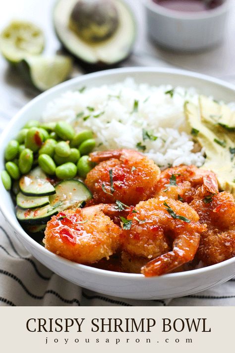 Crispy Shrimp Bowl - Crispy Shrimp combined with avocado, crunchy veggies and white or brown rice to create a yummy and fun rice bowl! Drizzle with a sweet and tangy sauce. An easy, healthy-ish and tasty seafood dinner! #seafood #shrimp #ricebowl #bowl #bowlrecipe #veggie #vegetable #avocado #dinner #weeknightdinner #easy #recipe #joyousapron Crispy Shrimp Bowl, Avocado Dinner, Unhealthy Recipes, Joyous Apron, Shrimp Bowl, Dinner Seafood, Seafood Dinners, Crunchy Veggies, Seafood Shrimp